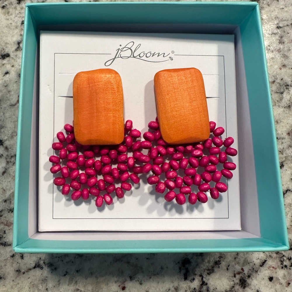jBloom Pink Beaded Statement Earrings | Orange Wood Geometric Boho Earrings